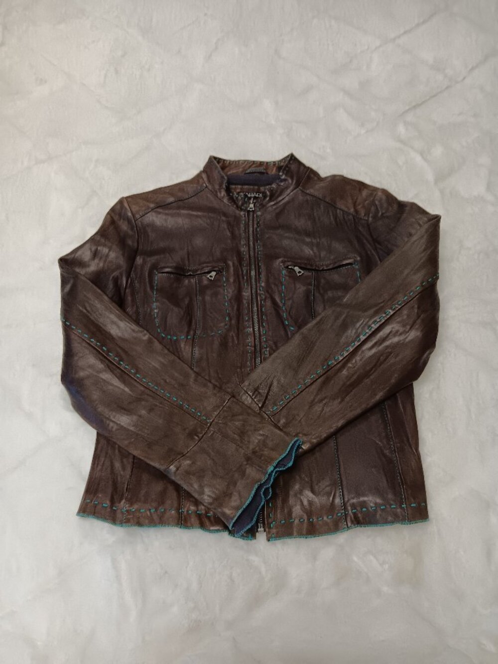 Tahari Brown Leather Jacket Turquoise Stitch Factory Weathered/Distress Size L